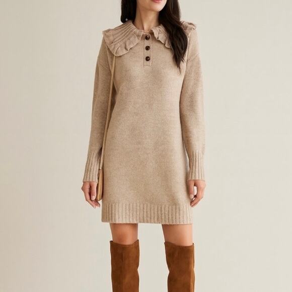 Camila Coelho Dresses & Skirts - Camila Coelho Sweater Dress Peter Pan Collar Ruffle Chunky Knit Revolve Mini Tan